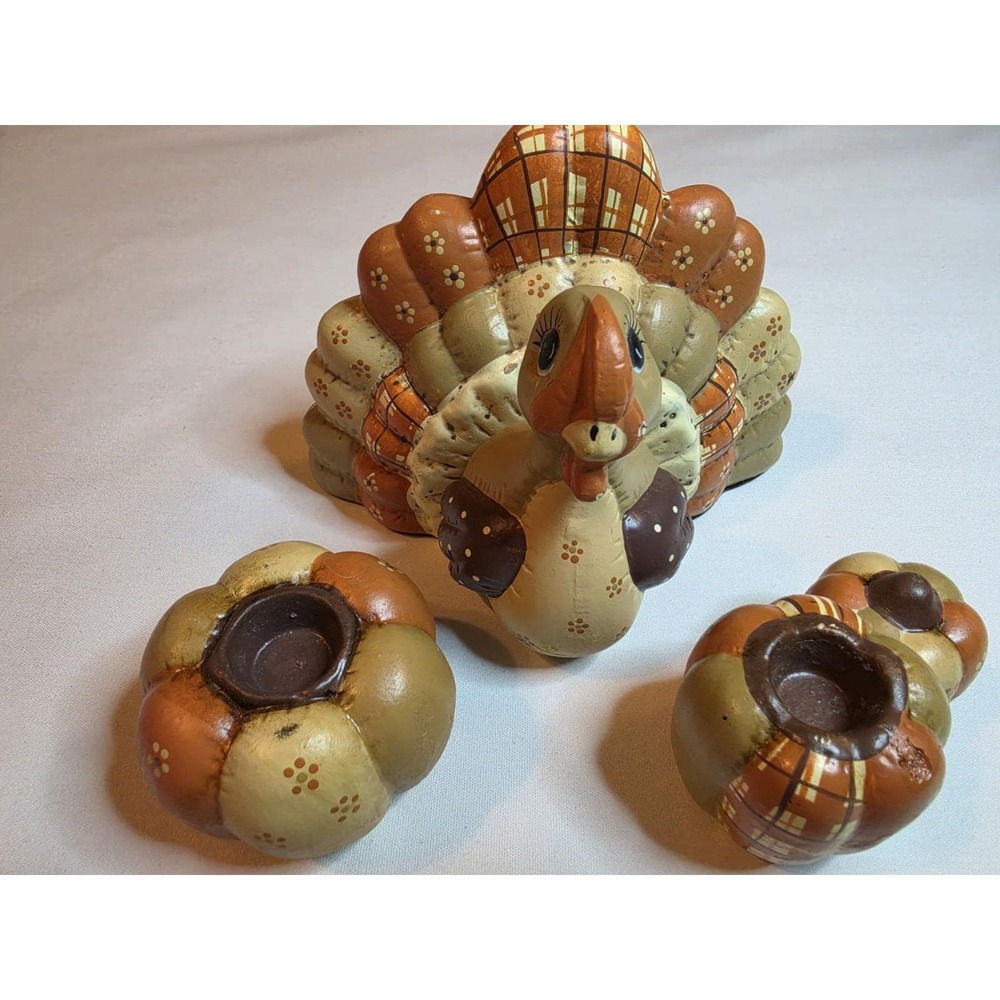 Vintage Thanksgiving Turkey Candle Holder Set Pumpkin Fall Harvest Decor 3pc